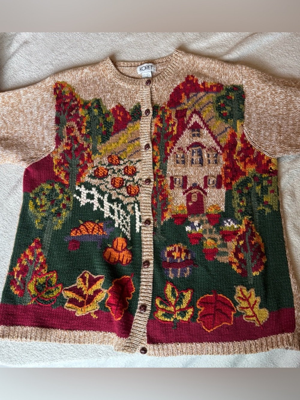 Koret Autumn Cottage Cardigan Sweater 2XL Features A Knitted Fall Harvest Theme